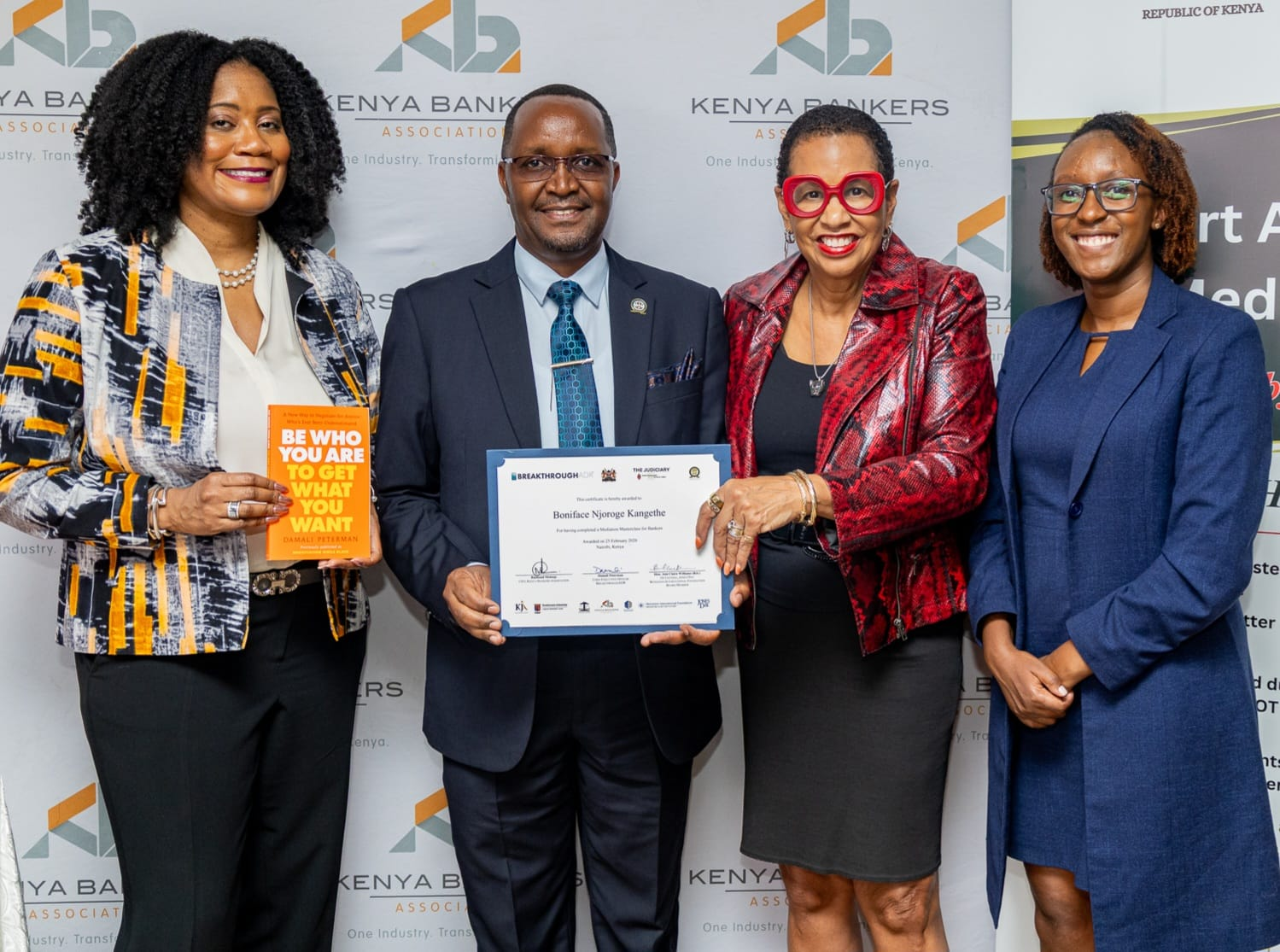 Receiving the Mediation Masterclass for Bankers certificate, Kenya Bankers Association